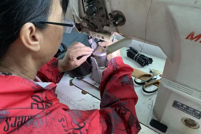 Stitching a sandal upper on an industrial sewing machine
