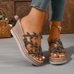Women's Rhinestone Leaf Wedge Slippers - Image 6