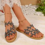 Women's rhinestone leaf flat slippers - Image 3